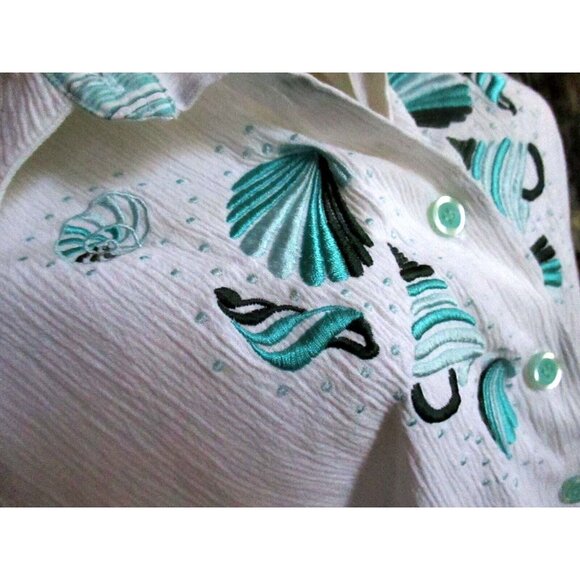 Vtg Koret Francisca Petites Shirt Aqua Seashell Embroidery Beach Mom Size PXL - Picture 4 of 5